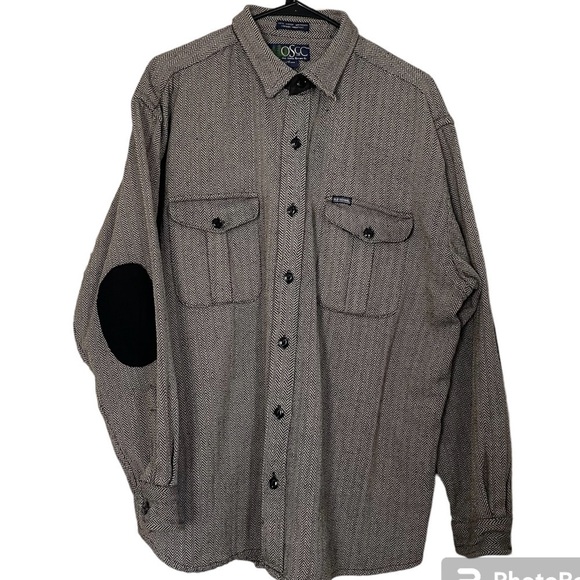 OSCC Shacket Leather Elbow Patches 100% Cotton Herringbone Brown & Tan Size XL - Picture 1 of 10